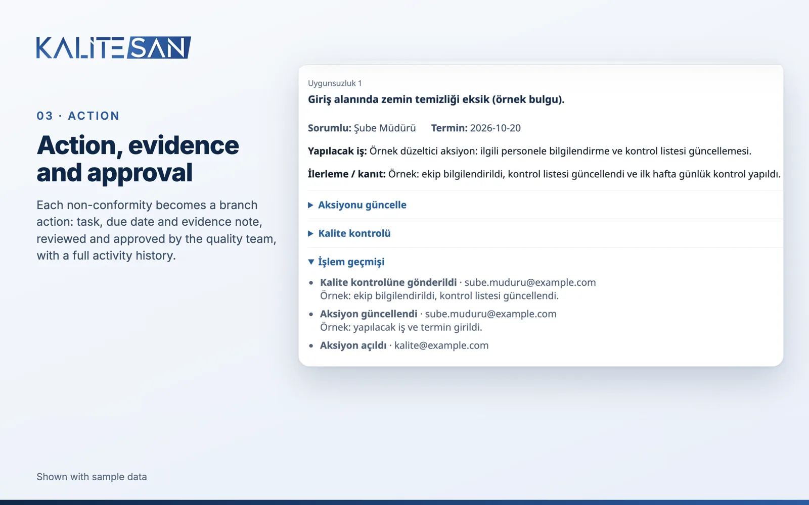 Corrective action with evidence note, quality review and activity history