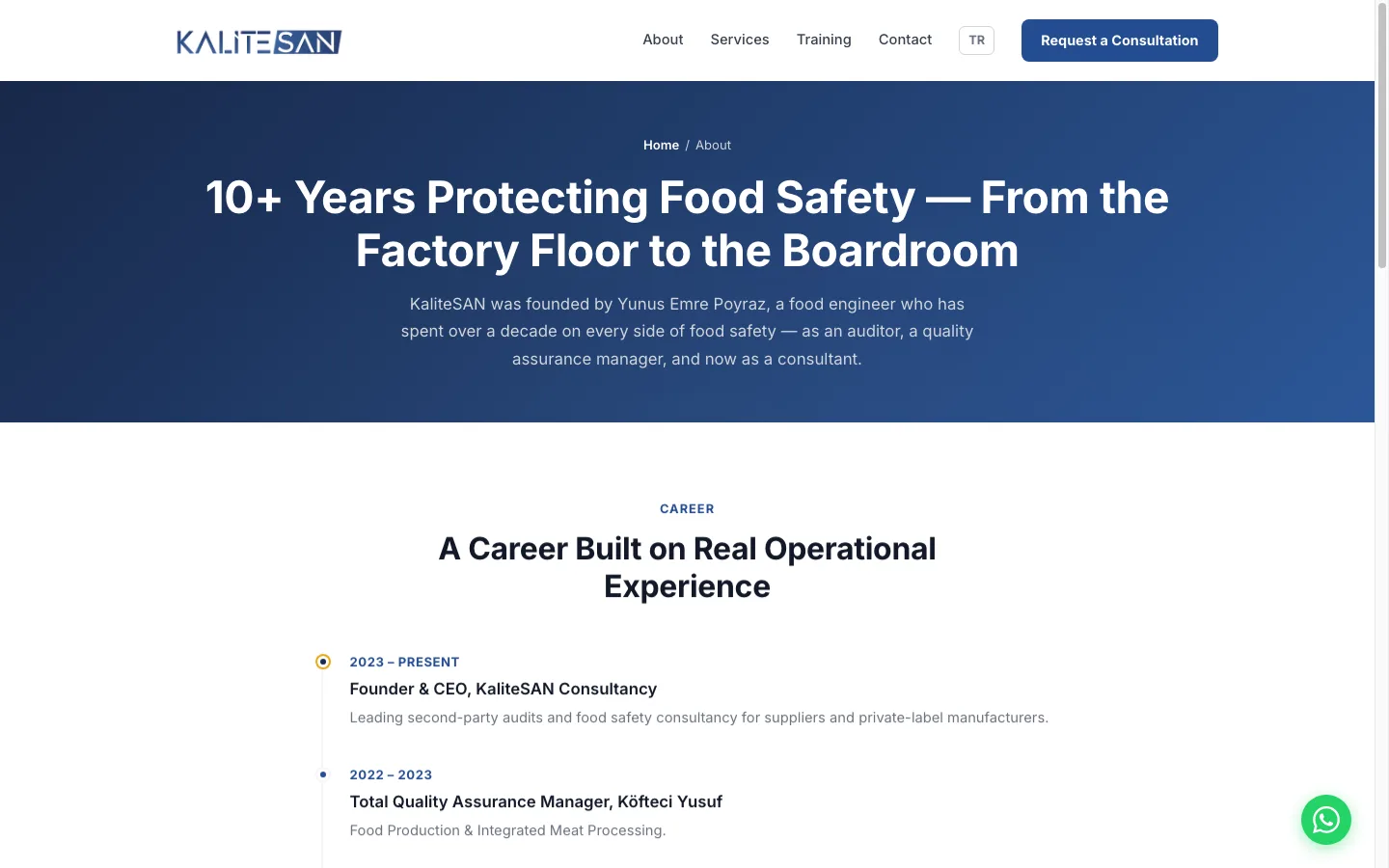 KaliteSAN — About page, founder credibility and career timeline
