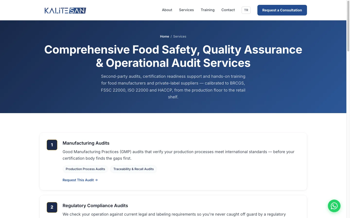 KaliteSAN — Services page, audit categories