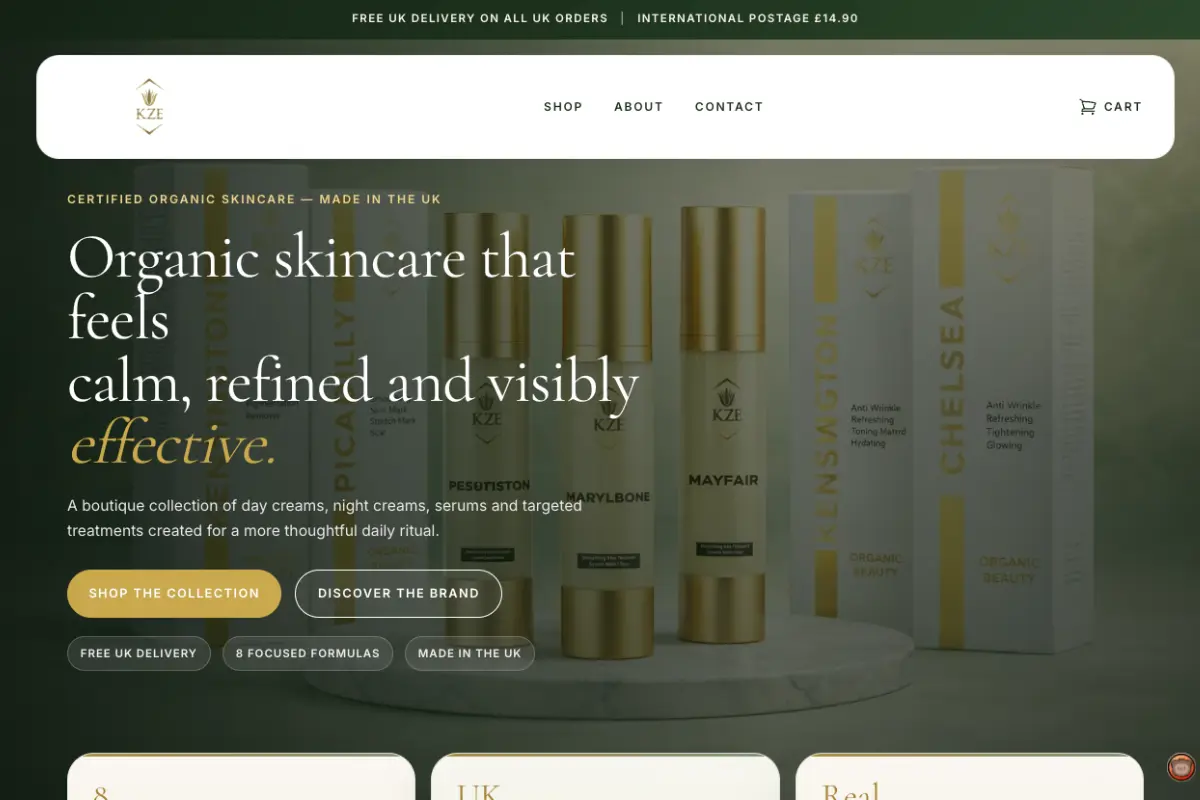 KZE Organic Beauty — e-commerce storefront rebuild
